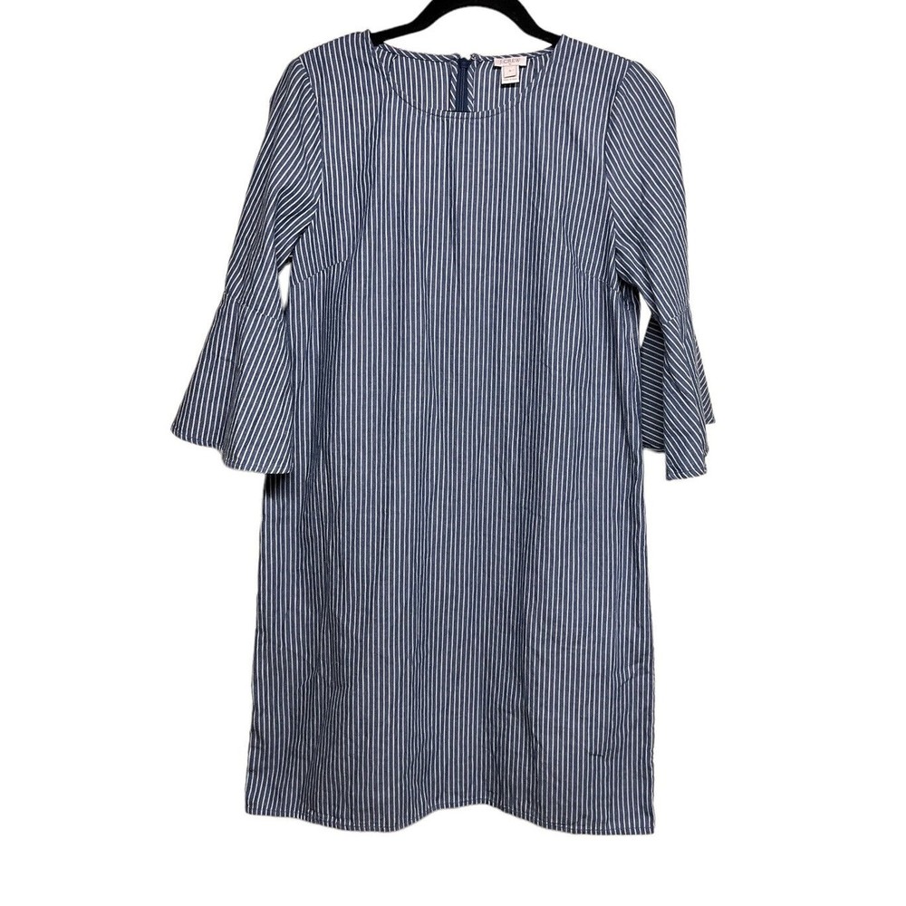 J Crew Ruffled Bell‎ Sleeves Shift Dress Blue Striped Women's Size 8